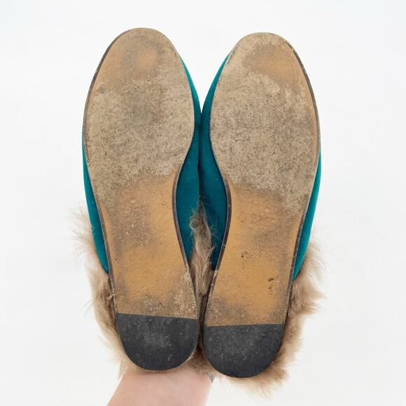 Gucci Teal Velvet Fur Lined Princetown Horsebit Mule Slipper Flat Loafer EU 37 - Picture 7 of 9